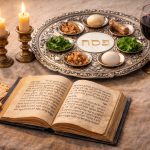 Passover Seder plate with Haggadah