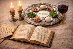 Passover Seder plate with Haggadah