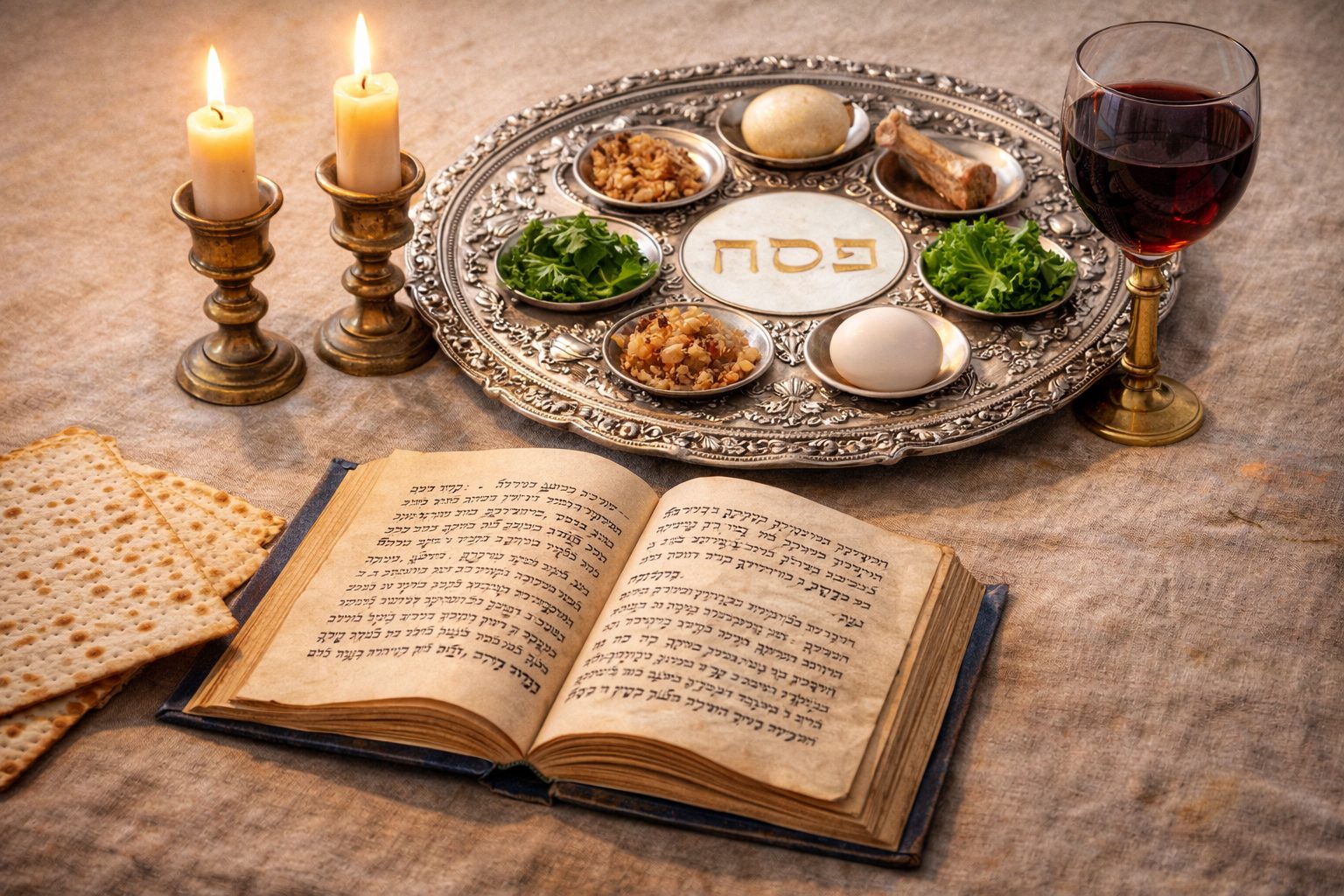 Passover Seder plate with Haggadah